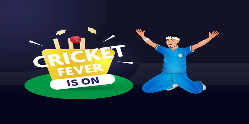 cricket fever is on concept with bowler player in winner pose and red ball hitting wicket stumps on black background vector